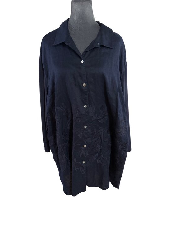 J. Jill Tops - J. Jill Womens Plus Size 4X Navy Button-Down Shirt Linen Blend Floral Embroidere